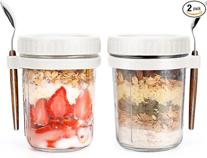 PFUM Overnight Oats Jars with Spoon and Lid 16 oz [2 Pack]